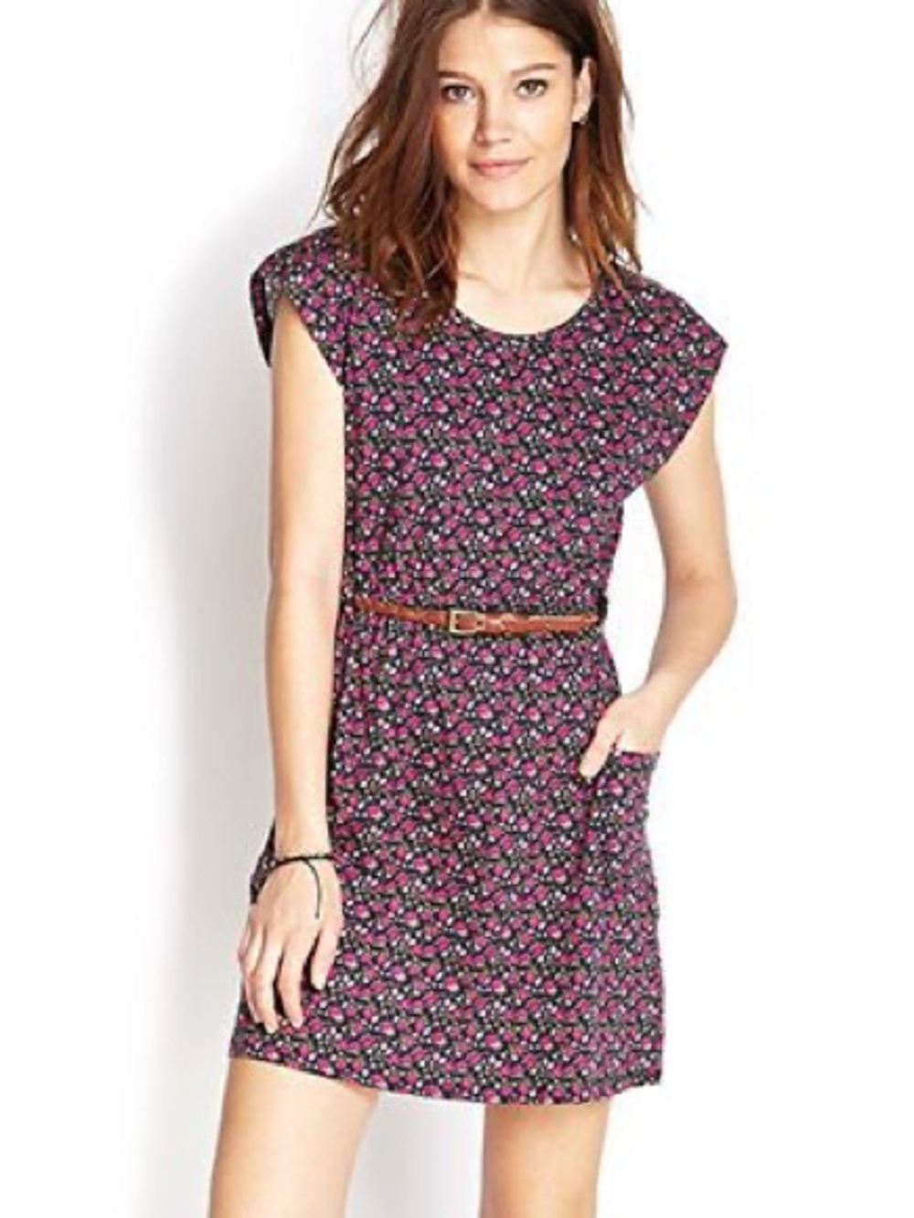 Forever 21 Womens Black Floral Dress with Pink Accent